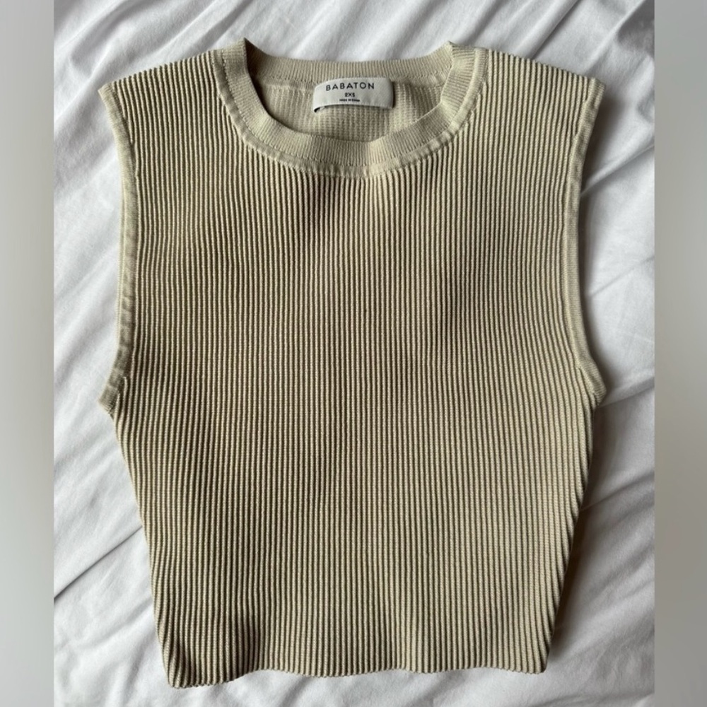 Aritzia Babaton Sculpt Knit Cropped High Crewneck Cream Tank Top 2XS